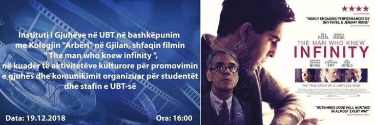 Të mërkurën, UBT shfaq në Gjilan filmin “The man who knew infinity”